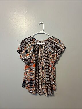 SHEIN Black & Orange Floral Paisley Tie-Neck Blouse